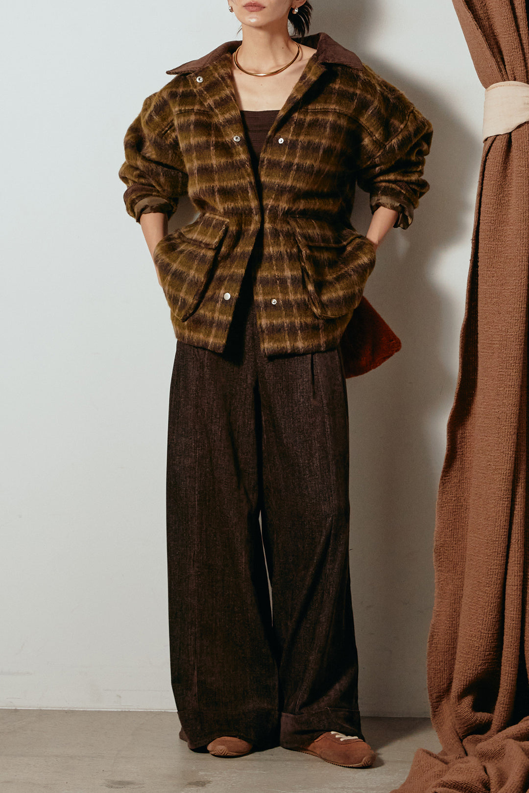 [SET]チェックシャギーミドルカバーオール+フェイクレザーベルト付きスウェードライクワイドパンツ(2set)