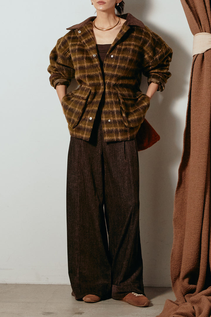 [SET]チェックシャギーミドルカバーオール+フェイクレザーベルト付きスウェードライクワイドパンツ(2set)