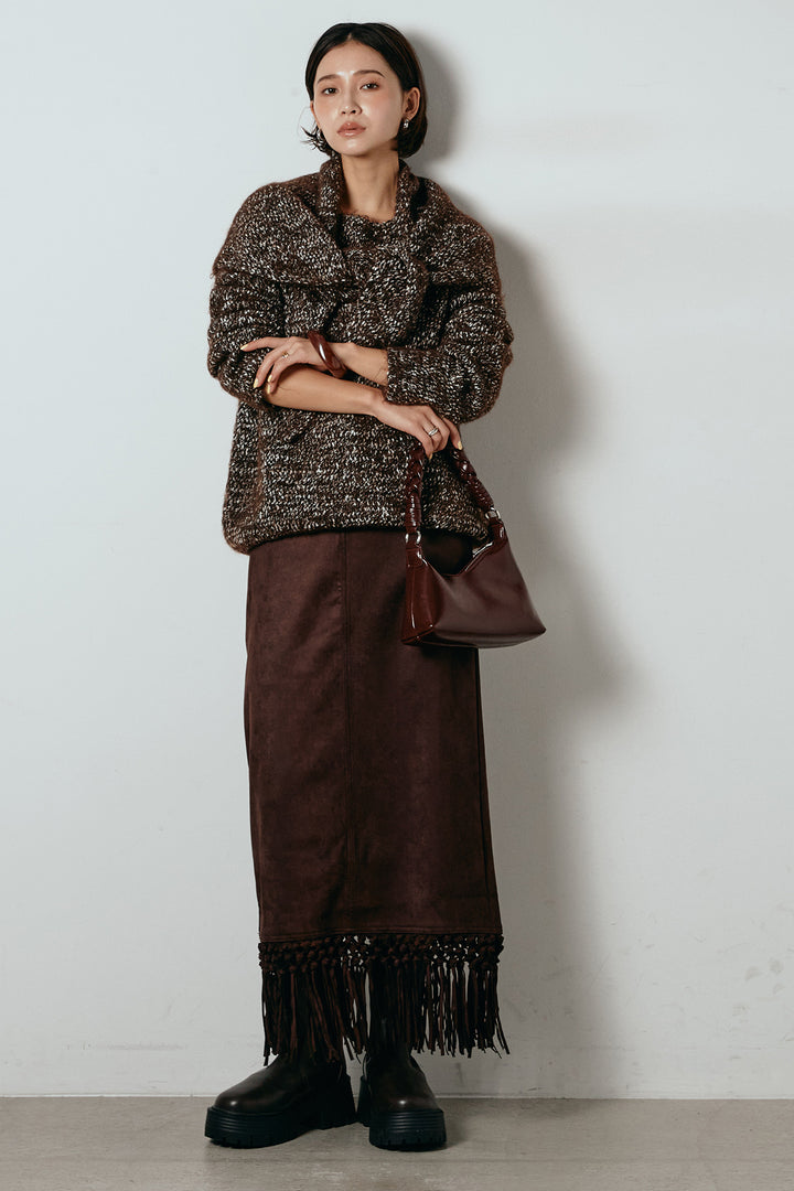 [SET]スカーフ付きミックスニットトップス+スウェードライク裾フリンジスカート(2set)