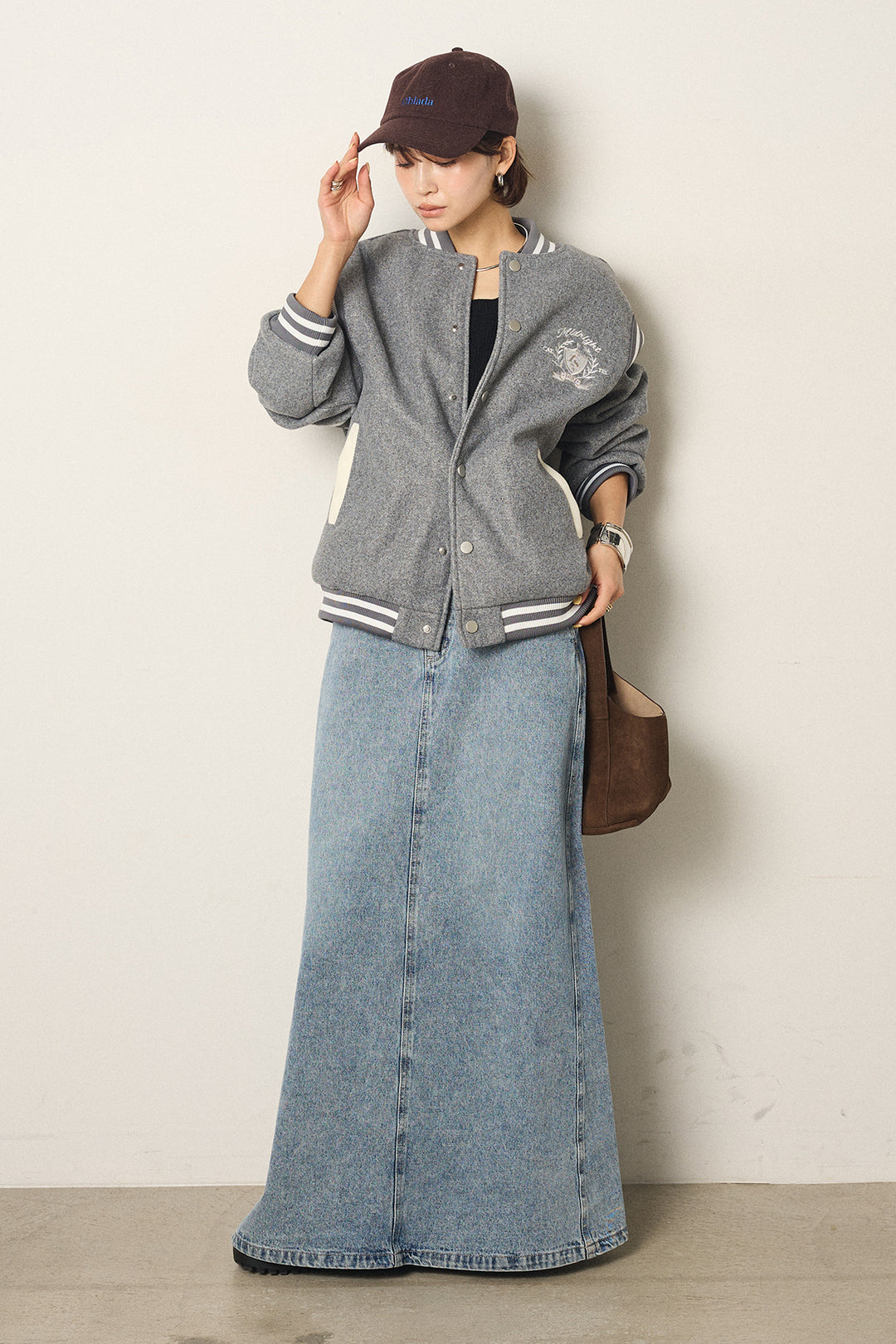 [SET]ワンポイントデザインブルゾン+デニムロングフレアスカート(2set)