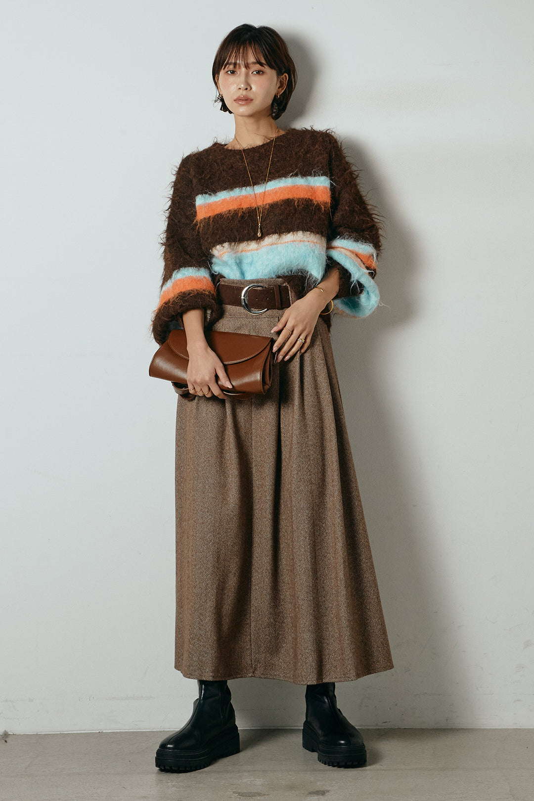 [SET]起毛配色マルチボーダーニットトップス+太ベルト付きヘリンボーンプリーツスカート(2set)