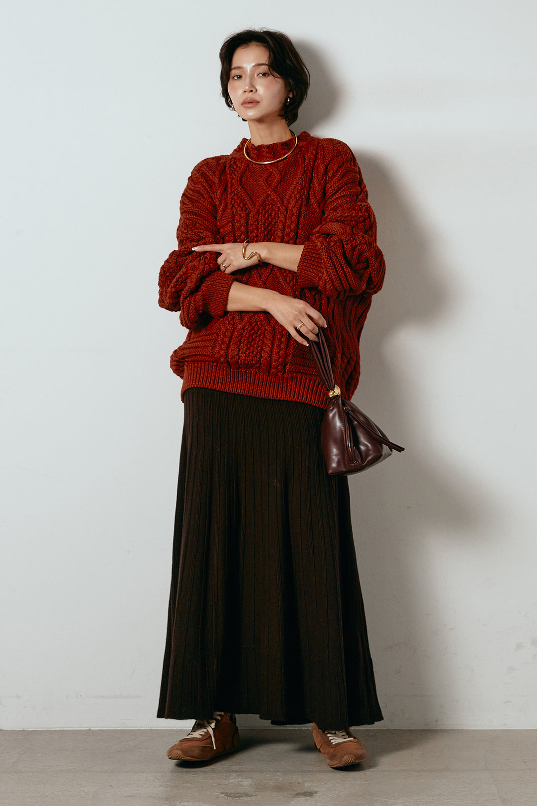 [SET]アラン柄ミックスケーブルニット+編み地切り替えフレアニットスカート(2set)