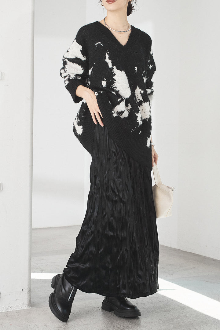 [SET]アブストラクト柄ニットプルオーバー+ベロアロングプリーツスカート(2set)