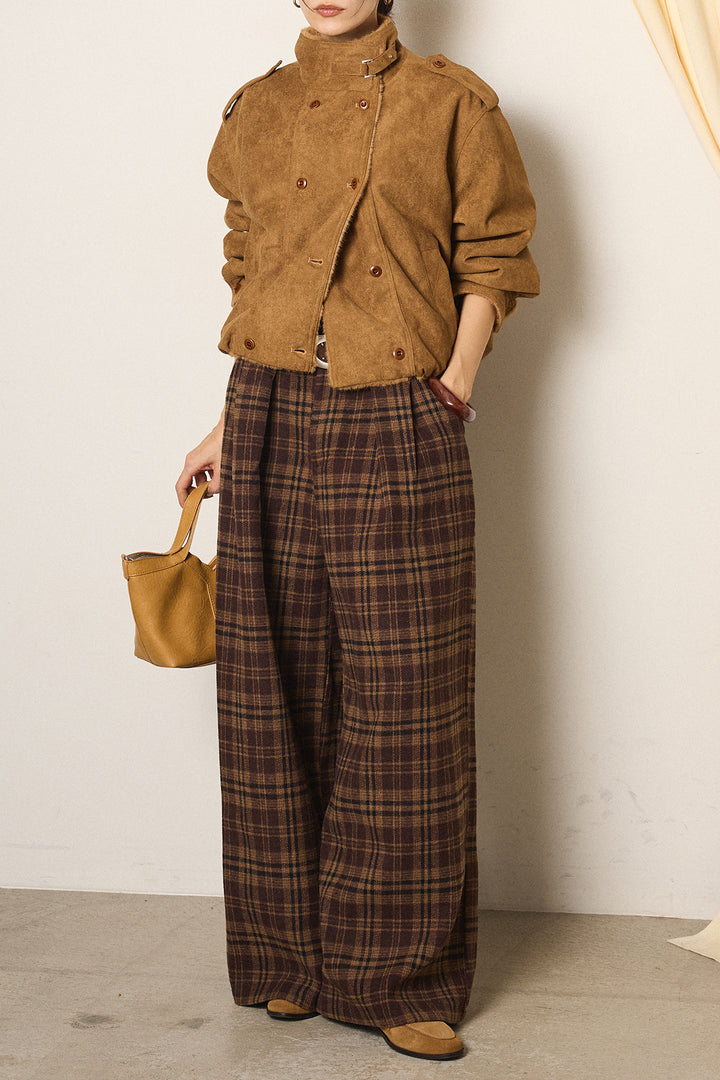 [SET]スタンド襟スウェードライクアウター+スタッズデザインベルトタータンチェックパンツ(2set)