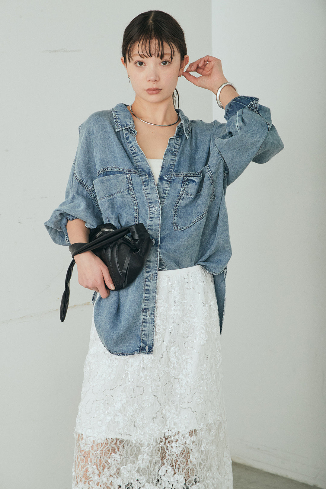 [SET]テンセルデニムシャツ+ラメ刺繍デザインスカート(2set)