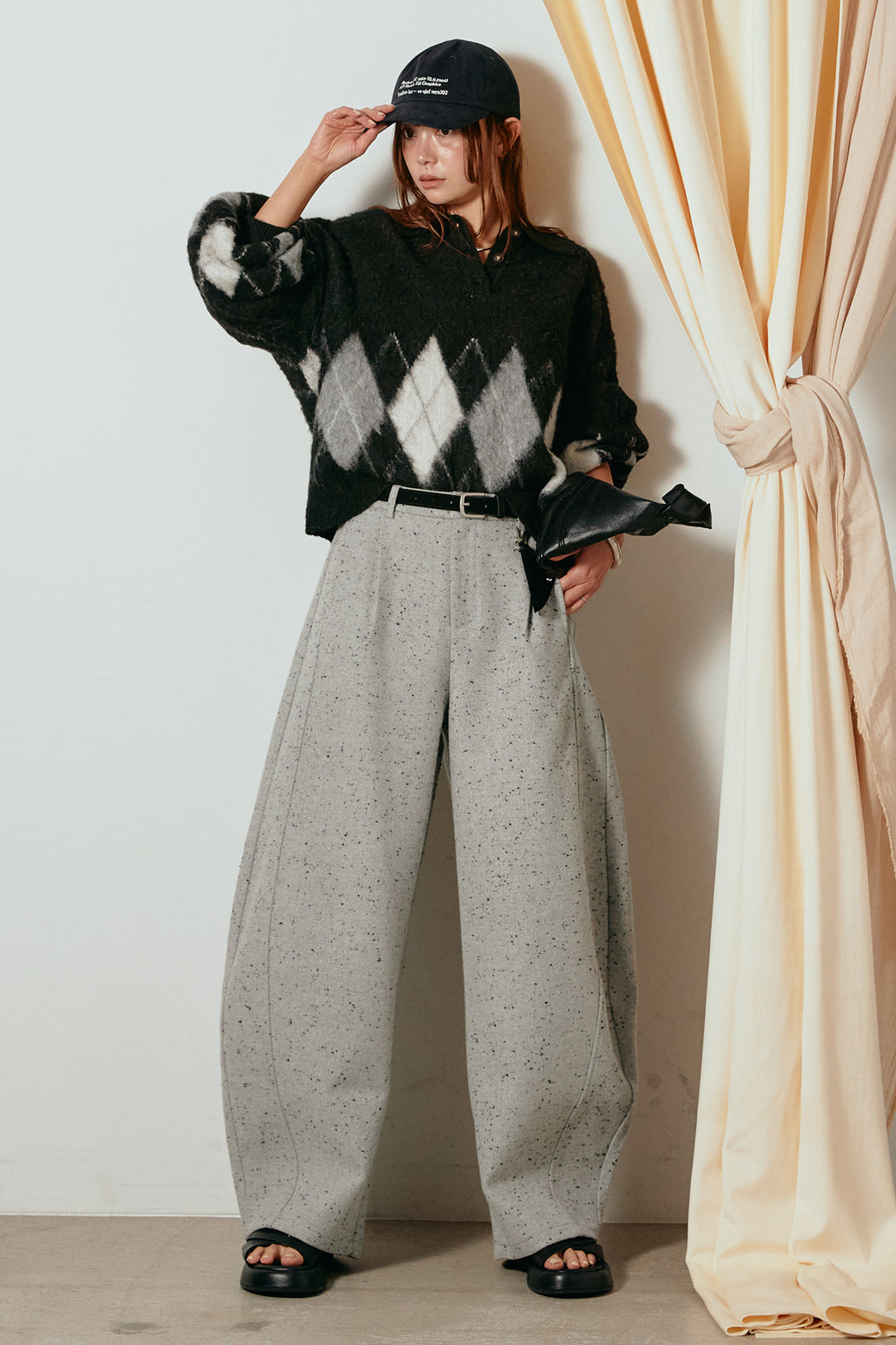 [SET]アーガイル柄ポロニットトップス+ベルト付きネップツイードカーブパンツ(2set)