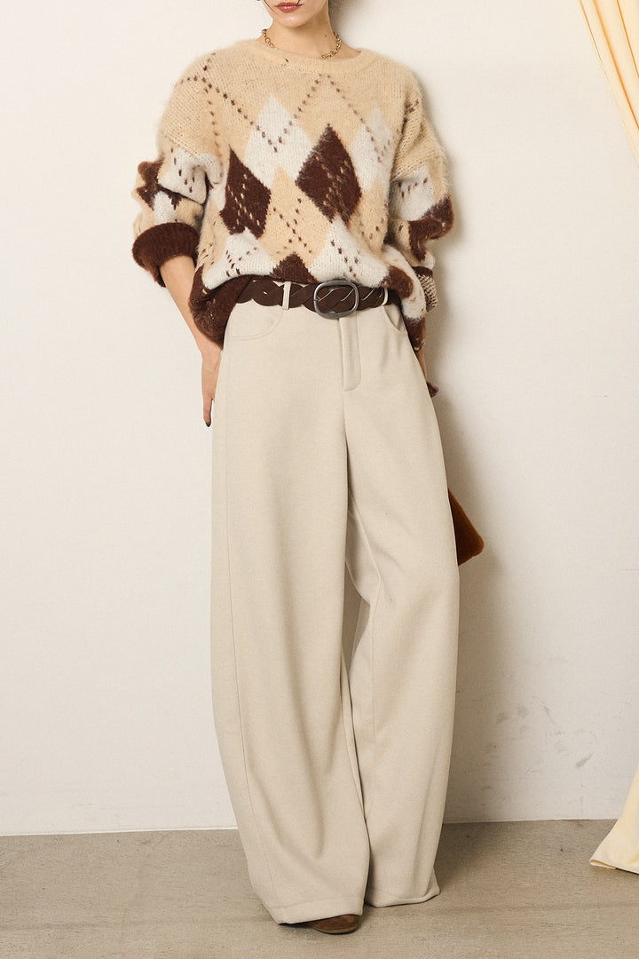 [SET]配色アーガイル柄ニットトップス+編みベルト付きワイドパンツ(2set)