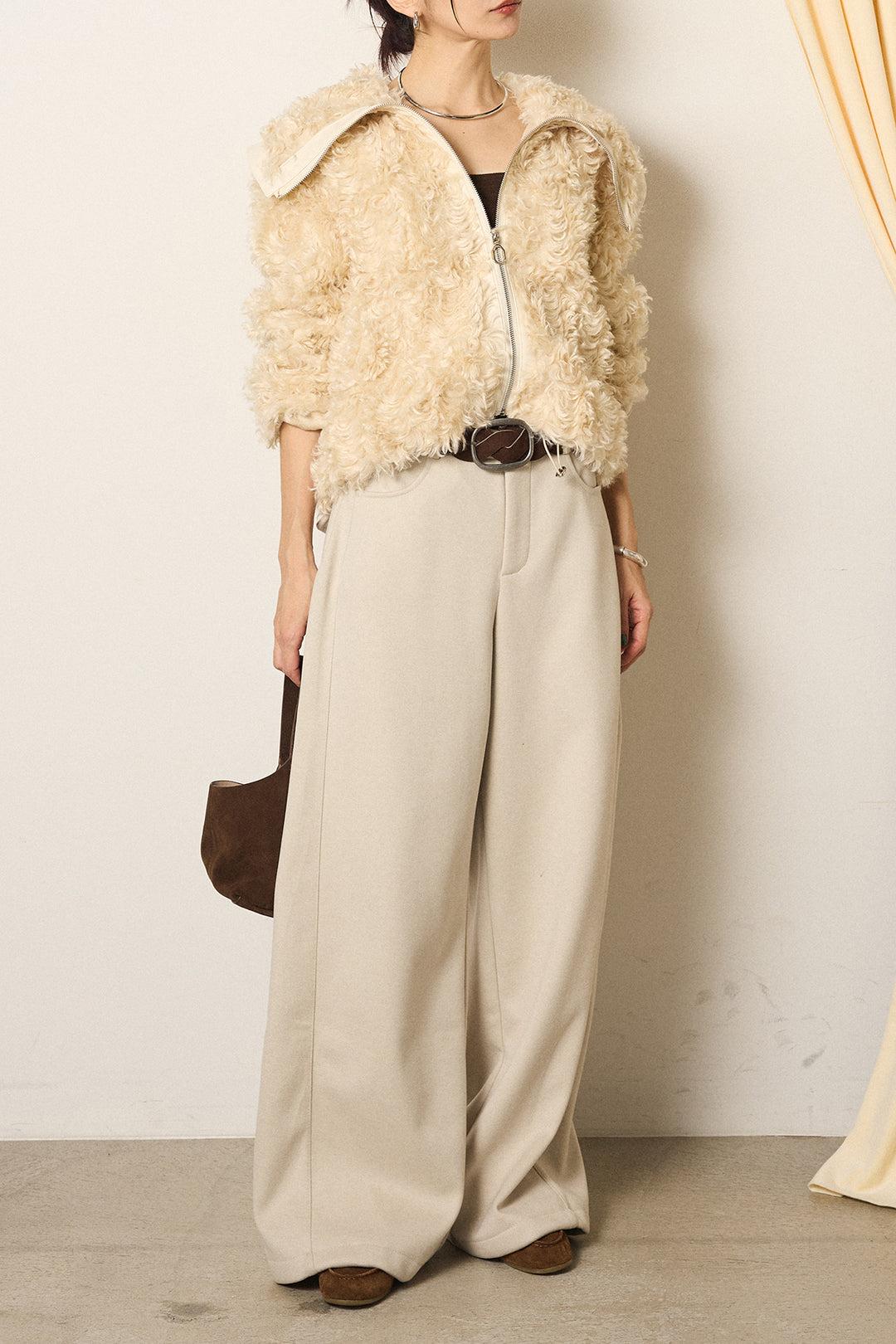 [SET]ビッグカラープードルボアアウター+編みベルト付きワイドパンツ(2set)