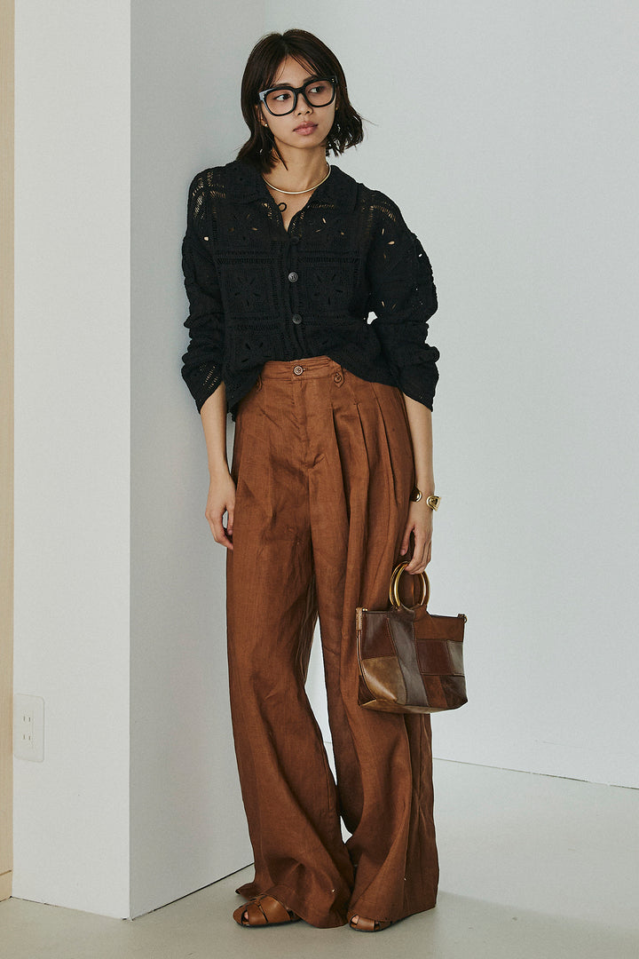 [SET]鍵編みフラワーレースカーディガン+タック入りワイドパンツ(2set)