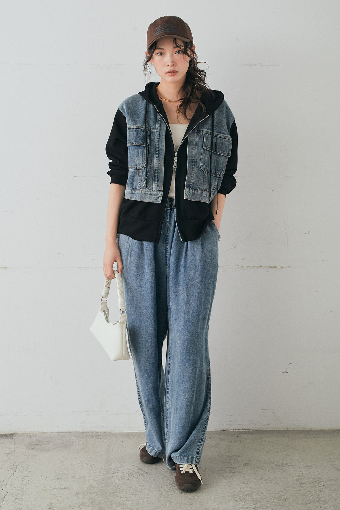 [SET]デニム切替ポンチダブルジップパーカー+テンセルデニムイージーワイドパンツ(2set)