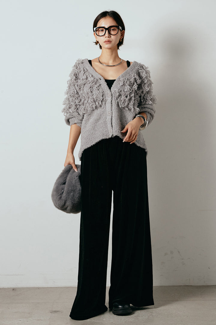 [SET]ループ編みVネックニットカーディガン+ベロアサスペンダー付きパンツ(2set)