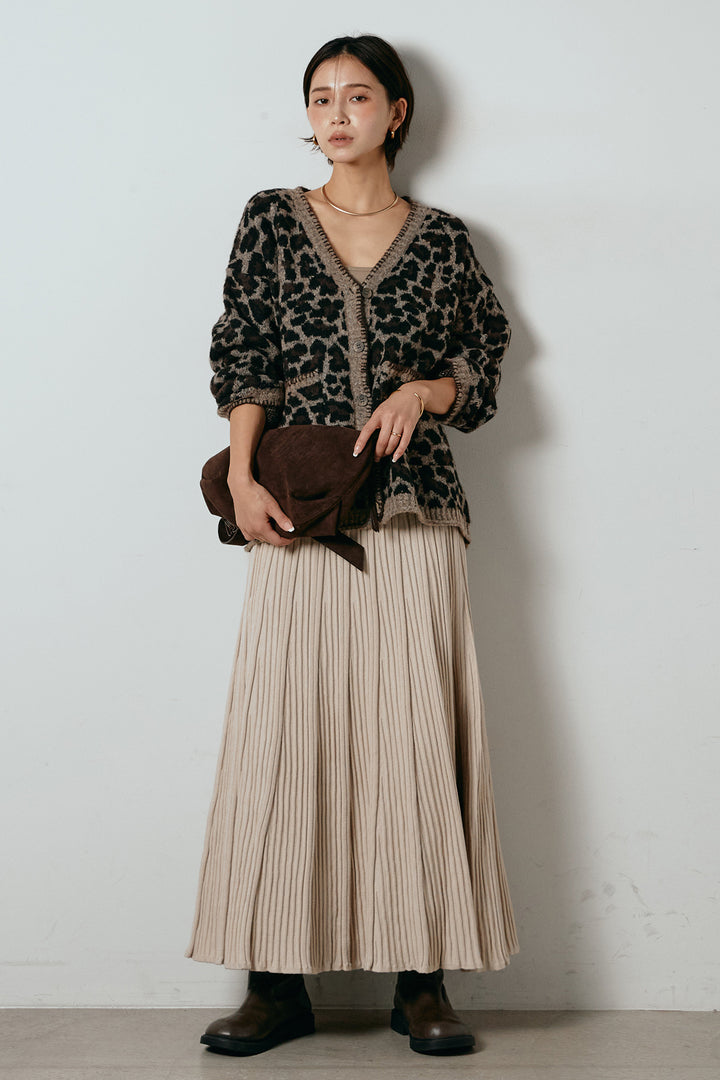 [SET]ステッチデザインレオパードニットカーディガン+リブニットフレアスカート(2set)