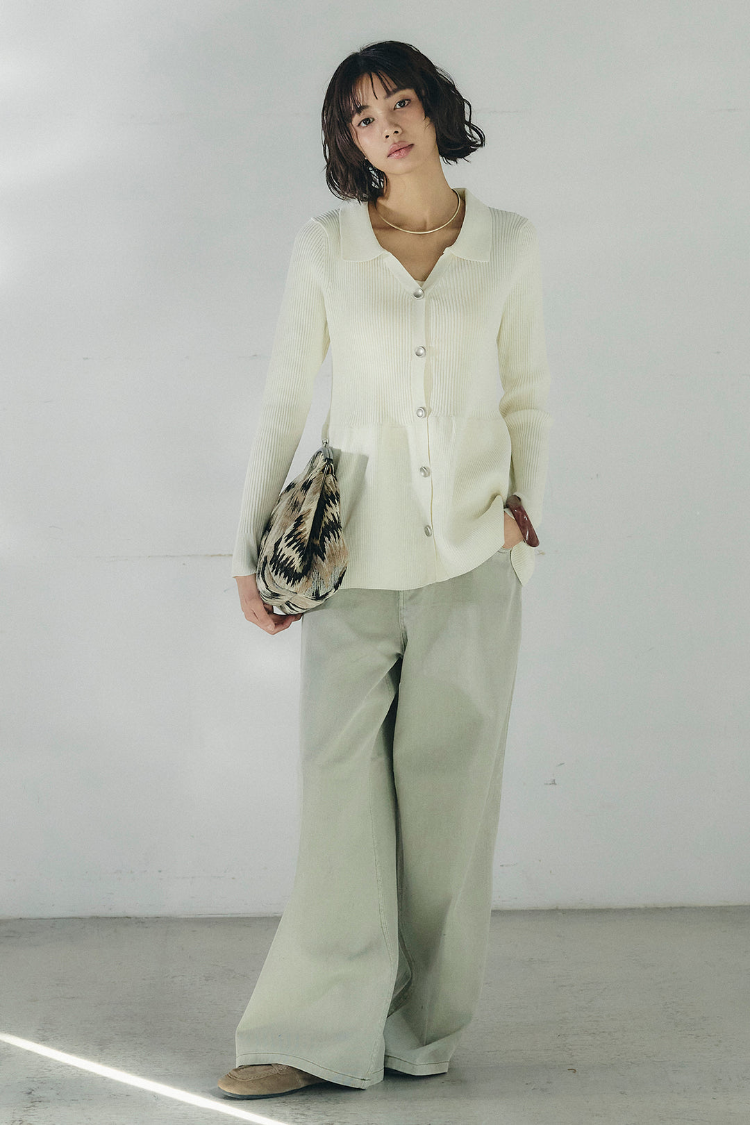 [SET]スキッパーペプラムニット+ウエスト裁ち切りデニムワイドパンツ(2set)