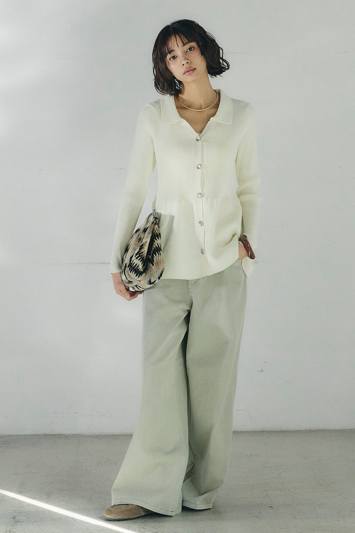 [SET]スキッパーペプラムニット+ウエスト裁ち切りデニムワイドパンツ(2set)