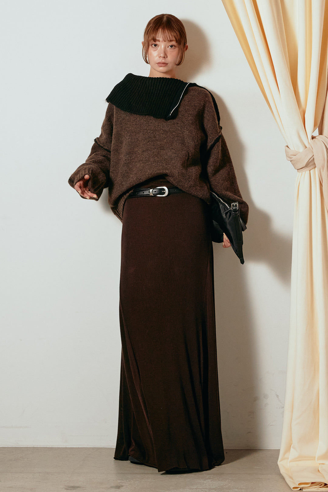 [SET]ハイネックジップデザインニットトップス+サイド切り替えリブニットロングスカート(2set)