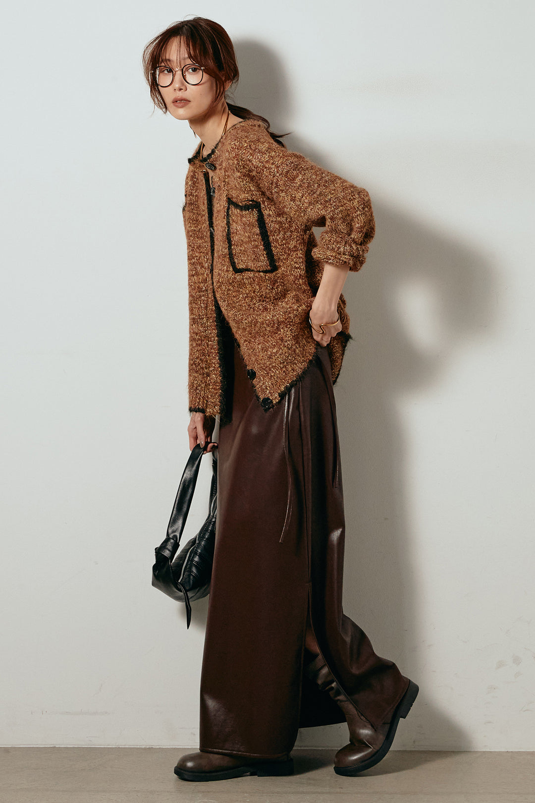 [SET]ミックスニットポケットカーディガン+紐付きフェイクレザーワイドスカート(2set)