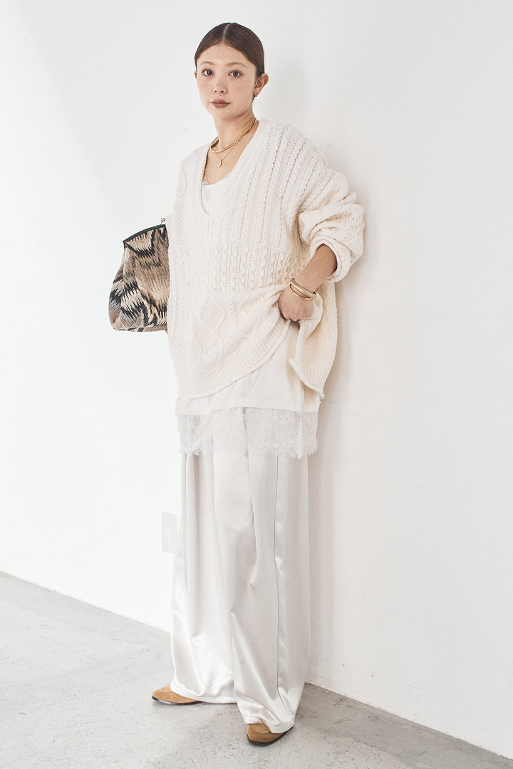 [SET]ケーブルVニットセーター+サテンタックワイドパンツ(2set)