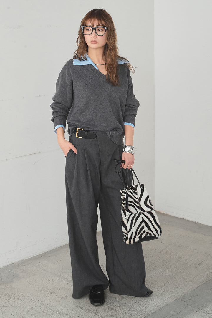 [SET]バイカラーニットレイヤード風プルオーバー+サイドベルトタック入りスラックス(2set)