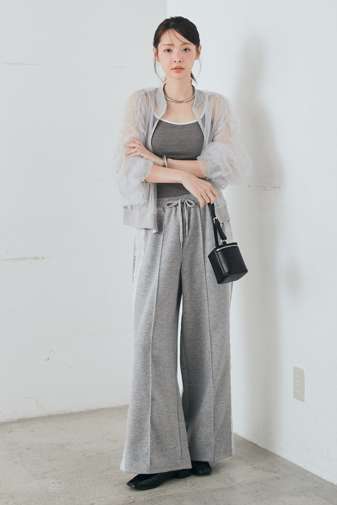 [SET]エアリーチュールスリーブシアーブルゾン+Wフェイスカットソーサイドレースラインパンツ(2set)