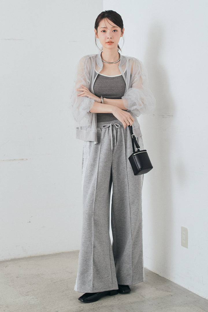 [SET]エアリーチュールスリーブシアーブルゾン+Wフェイスカットソーサイドレースラインパンツ(2set)