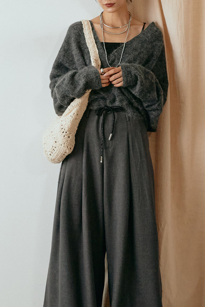 [SET]カシュクールデザインニット+細ベルト付きワイドパンツ(2set)