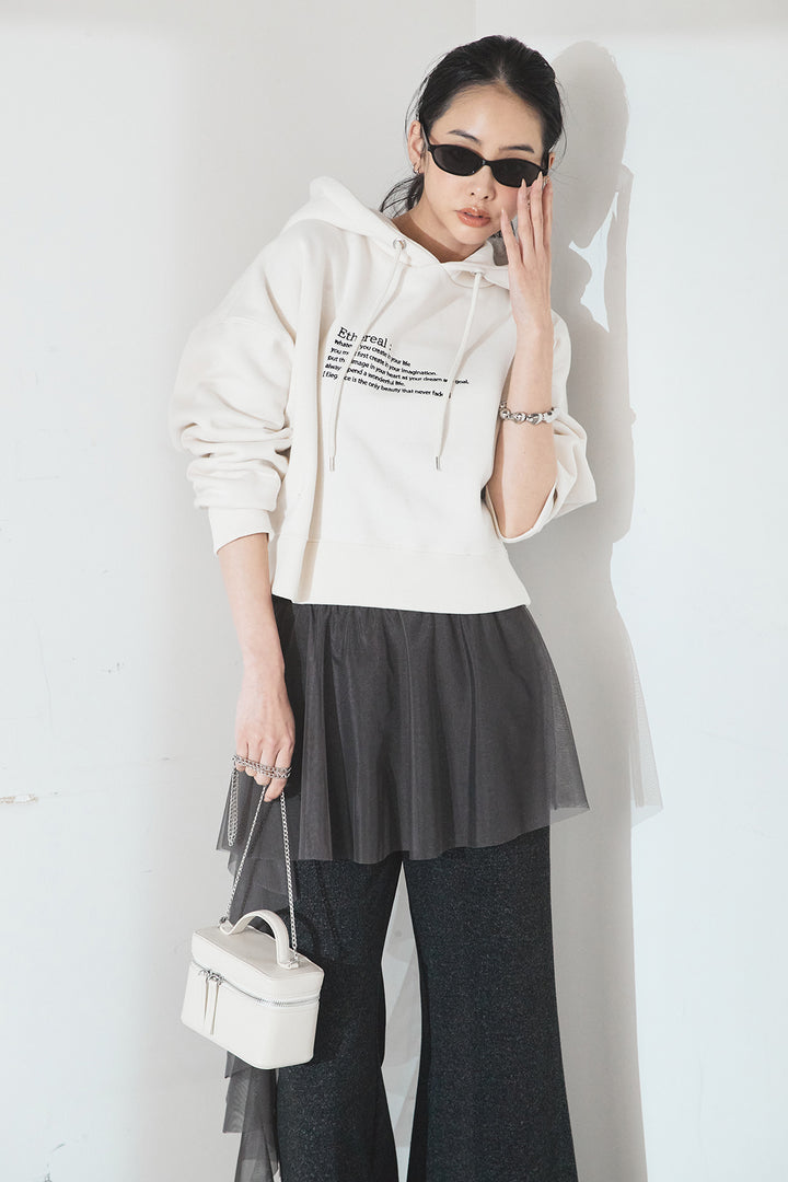 [SET]裏起毛レタリング刺繍フーディショートプルオーバー+チュールレイヤードニットパンツ(2set)