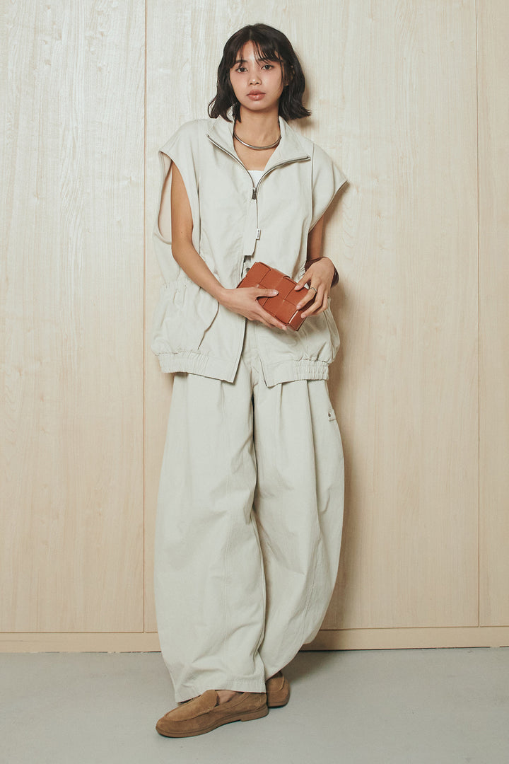 [SET]ショルダー切替スタンドネックジップベスト+コットンポリツータックセンターシームカーブパンツ(2set)