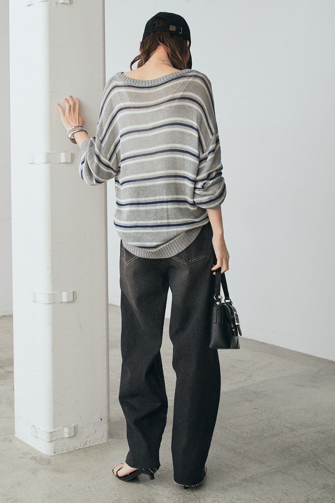 [SET]綿タッチVネックボーダートップス+デニムヨークパンツ(2set)