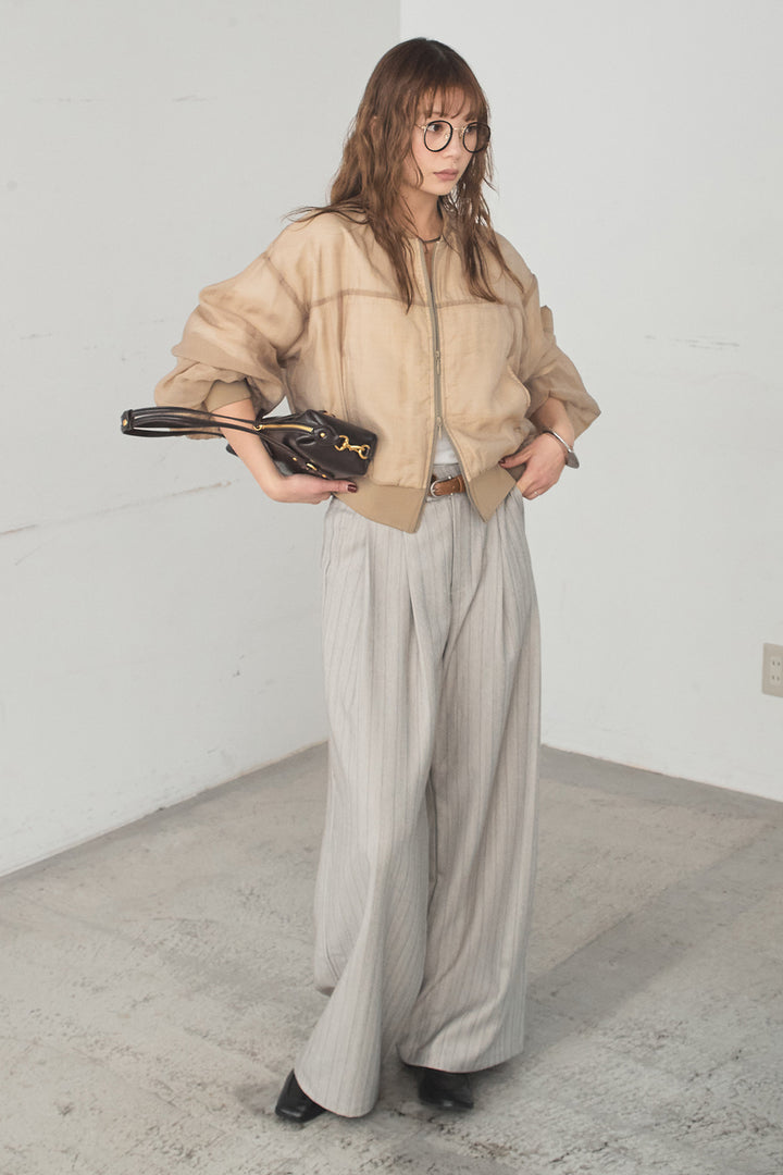 [SET]シアー×ポンチブルゾン+細ベルト付きピンストライプワイドパンツ(2set)
