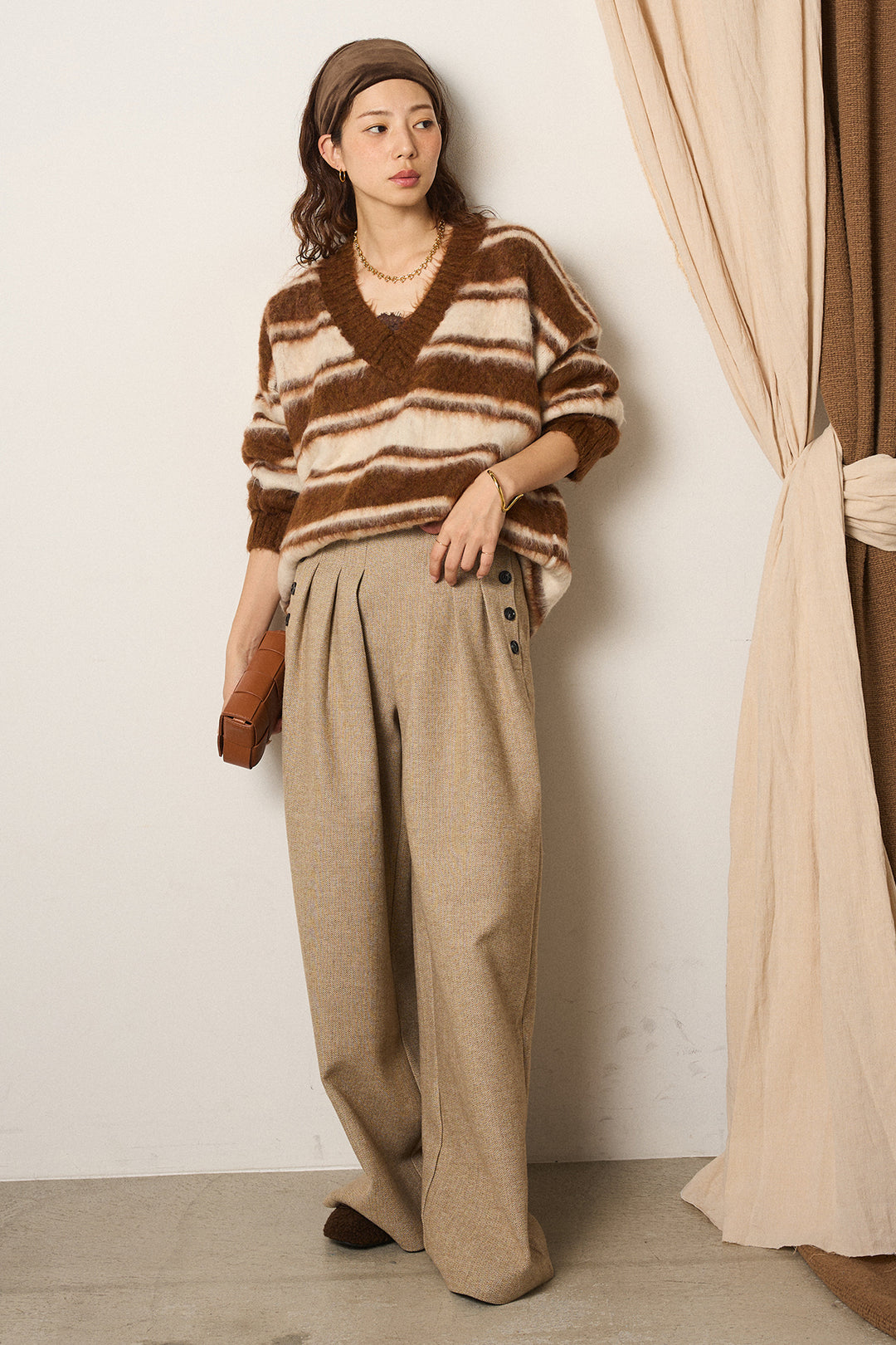 [SET]ルーズVネックボーダーニットトップス+サイドボタンツイードタックパンツ(2set)