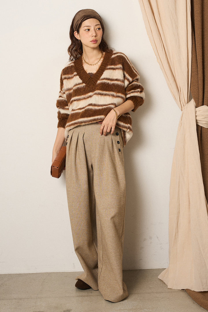 [SET]ルーズVネックボーダーニットトップス+サイドボタンツイードタックパンツ(2set)