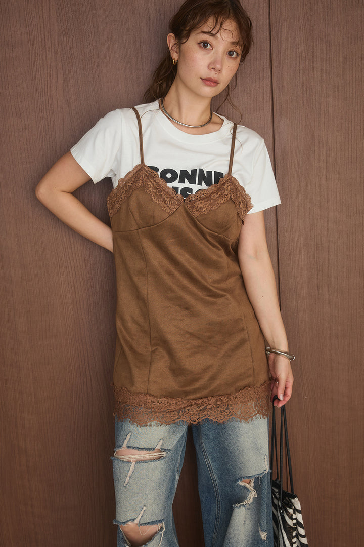 [SET]半袖ロゴプリントTシャツ+スエードレースキャミチュニック(2set)