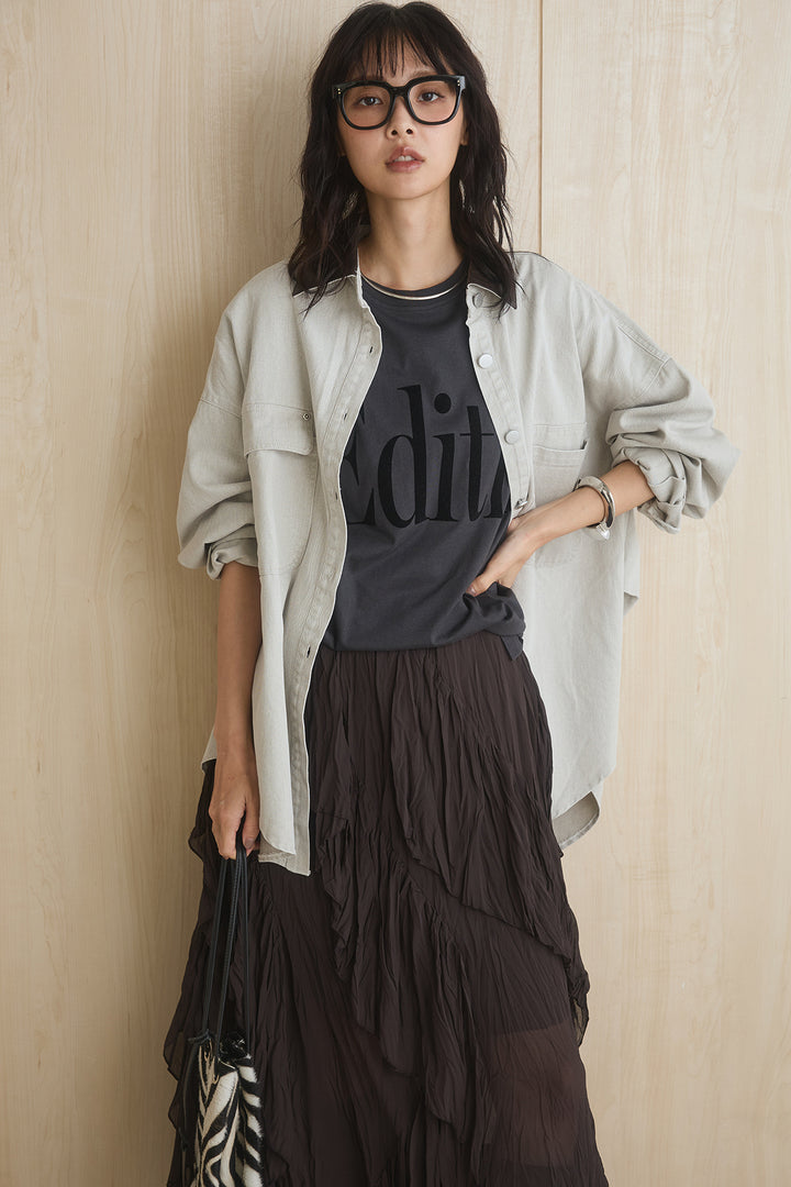 [SET]襟レザーライクシャツジャケット+ビッグロゴプリントTシャツ+ランダムフリルスカート(3set)