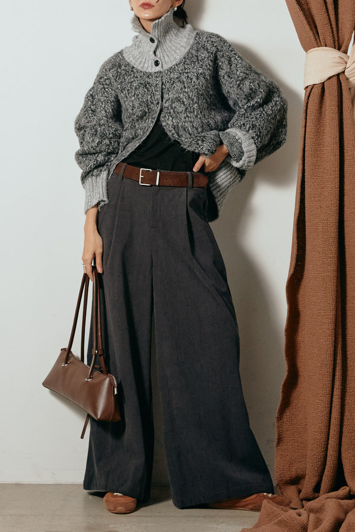 [SET]ハイネックミックスニットトップス+太ベルト付きコーデュロイタックパンツ(2set)