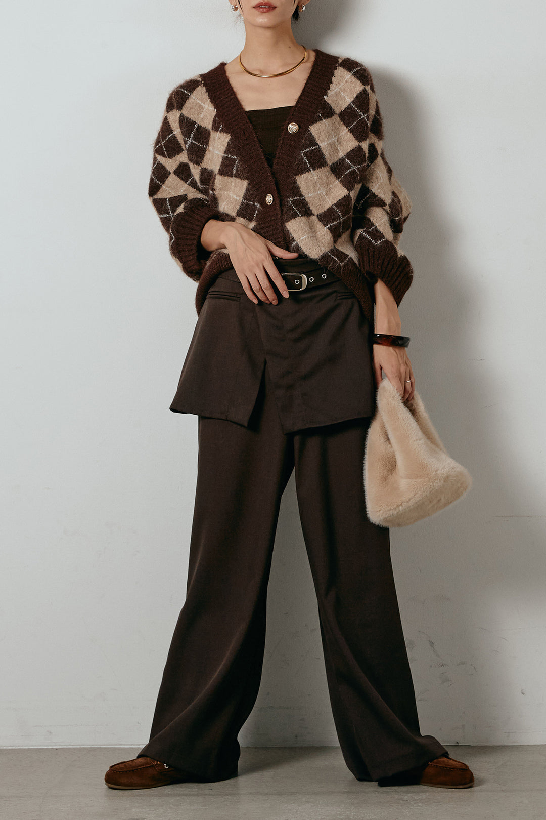 [SET]オーバーサイズ総柄Vネックニットカーディガン+ベルト付きウエストデザインパンツ(2set)
