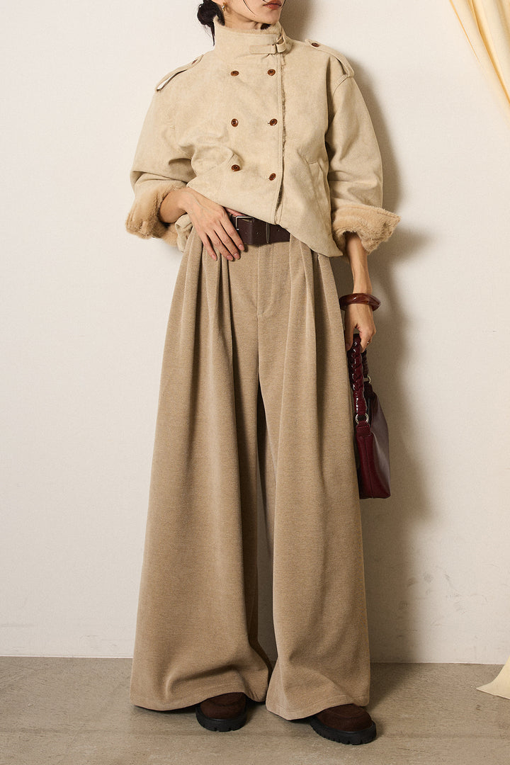[SET]スタンド襟スウェードライクアウター+ベルトループコーデュロイワイドパンツ(2set)