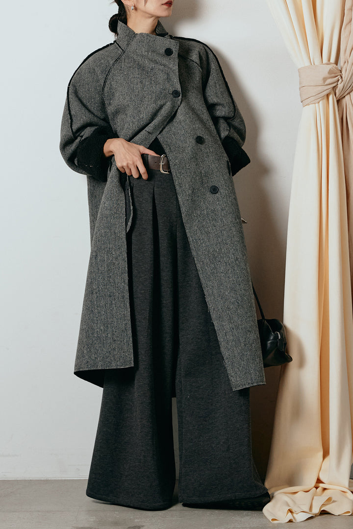 [SET]裏地ボアハイネックロングアウター+フェイクレザー太ベルト付きタックワイドパンツ(2set)