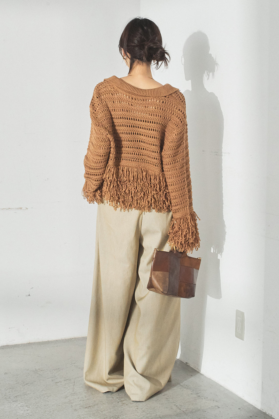 [SET]メッシュフリンジカーディガン+編みベルト付きウエストタックワイドパンツ(2set)