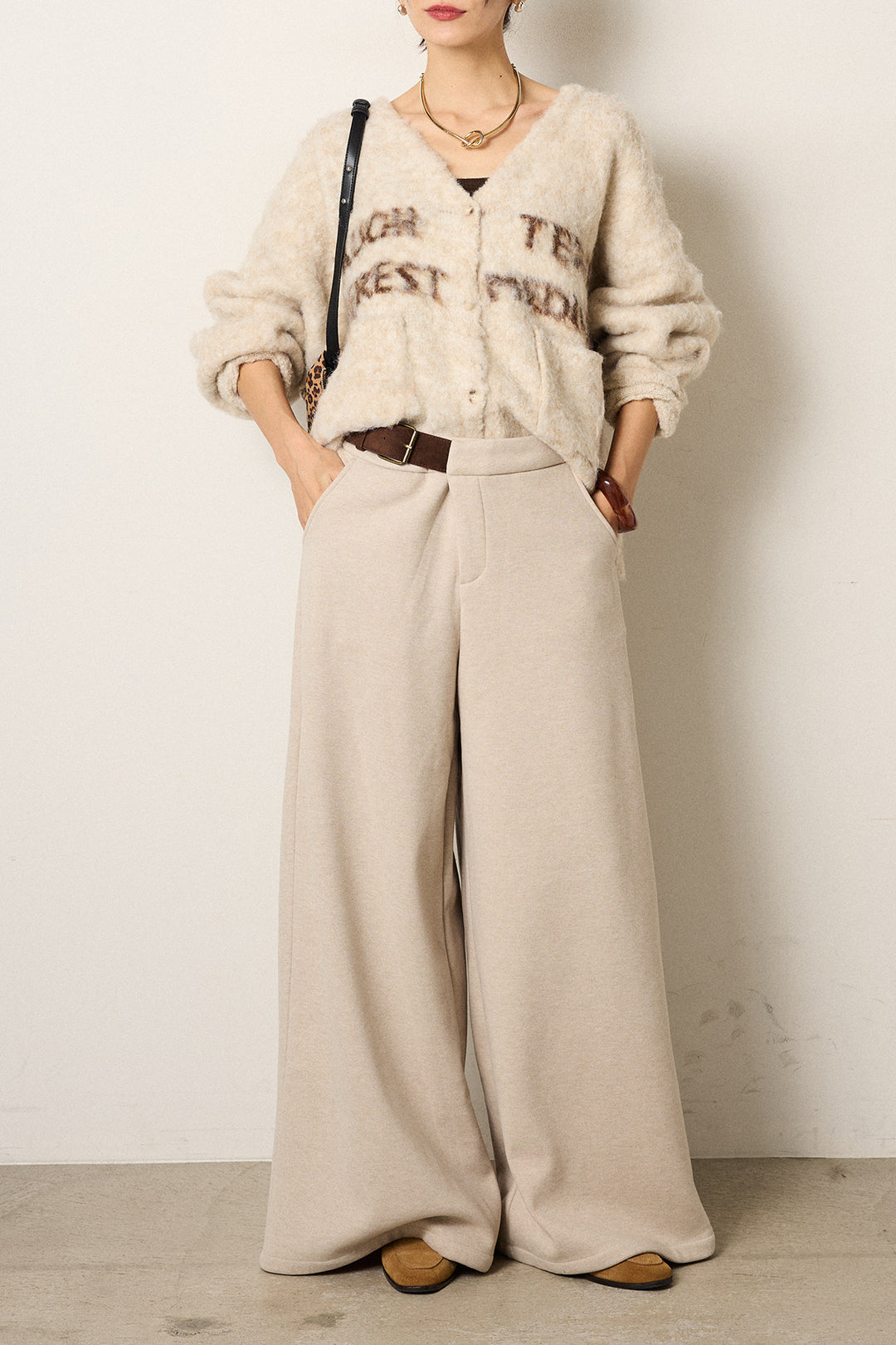 [SET]ウール混透かしロゴニットカーディガン+サイドベルトパンツ(2set)