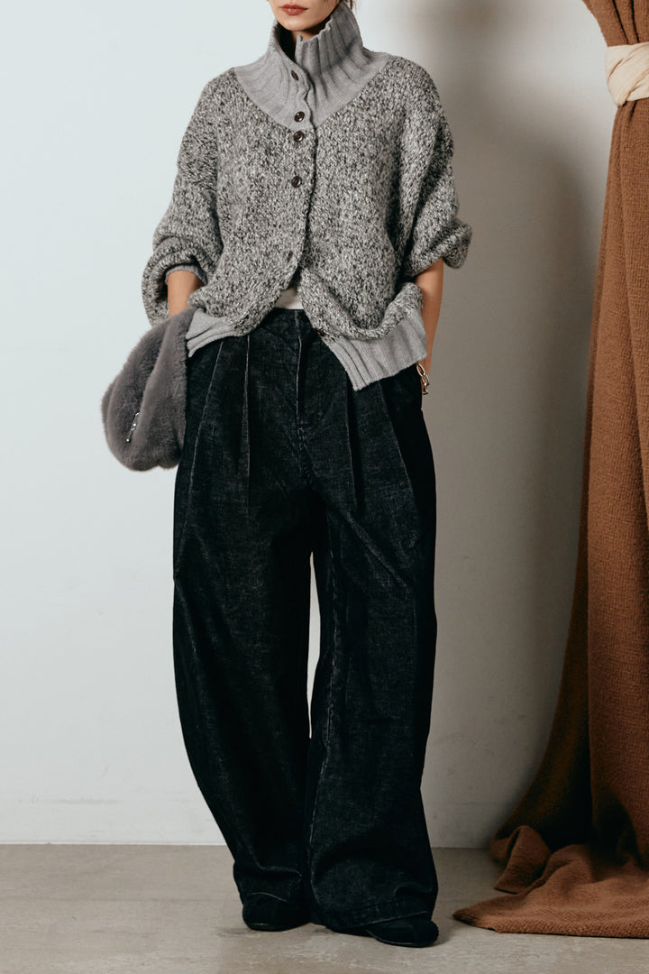 [SET]ハイネックミックスニットカーディガン+フロントタック入りコーデュロイパンツ(2set)