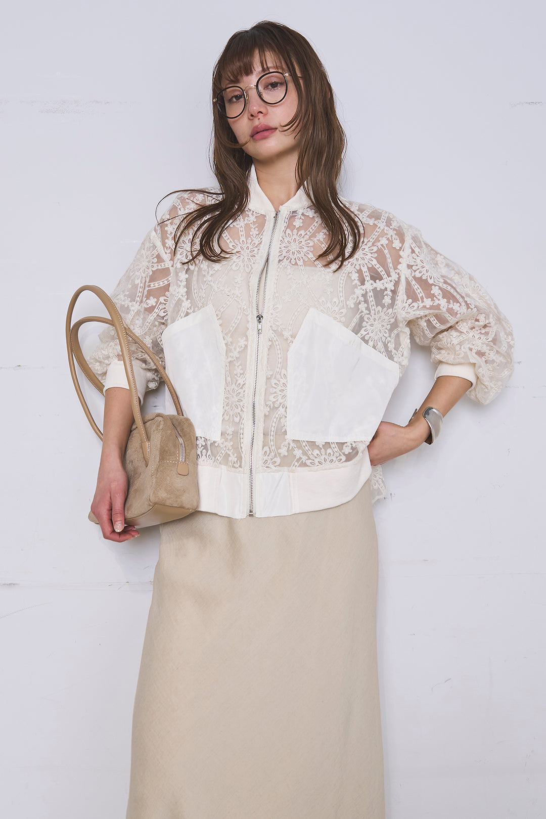 [SET]ノーカラーレースブルゾン+リネンブレンドロングナロースカート(2set)