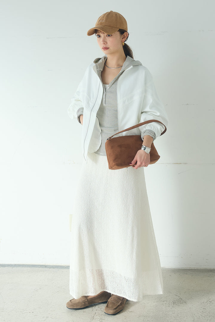 [SET]マルチ切り替えドルマンブルゾン+メッシュ刺繍ロングスカート+ボーダーフーディーロンT(3set)