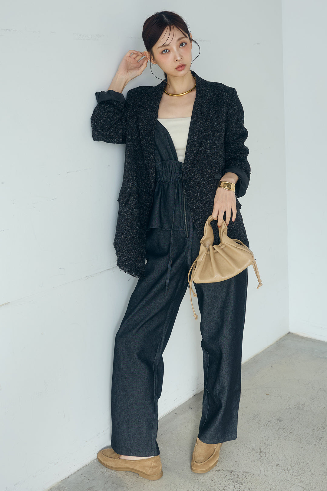 [SET]スラブネップツイードフリンジテーラードジャケット+デニムペプラムコンビネゾン(2set)