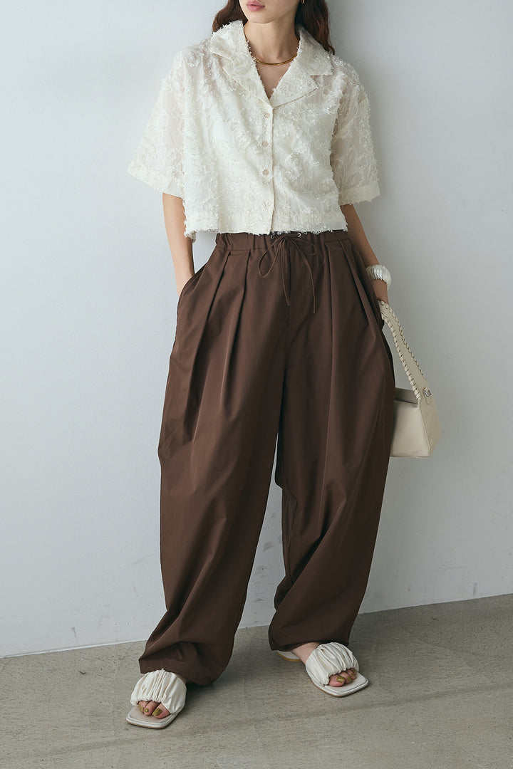[SET]半袖オープンカラージャガード柄シャツ+タックワイドリラックスパンツ(2set)