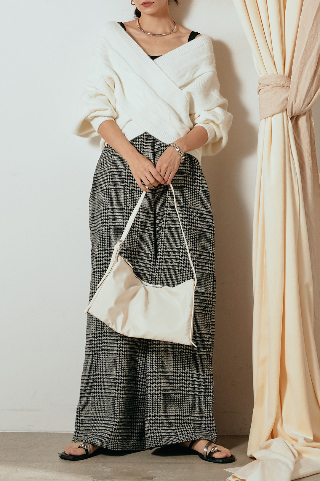 [SET]ケーブルカシュクールニットトップス+前後2wayグレンチェック柄スカーチョサロペット(2set)