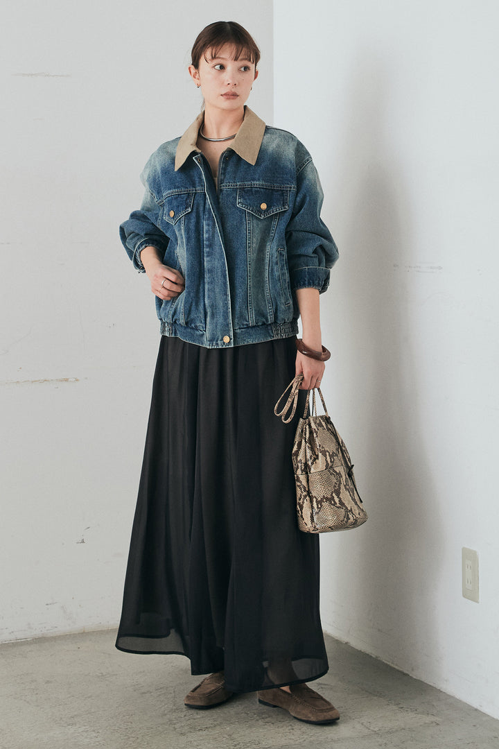 [SET]襟切り替えジップデニムジャケット+リラックスシアーフレアスカート(2set)
