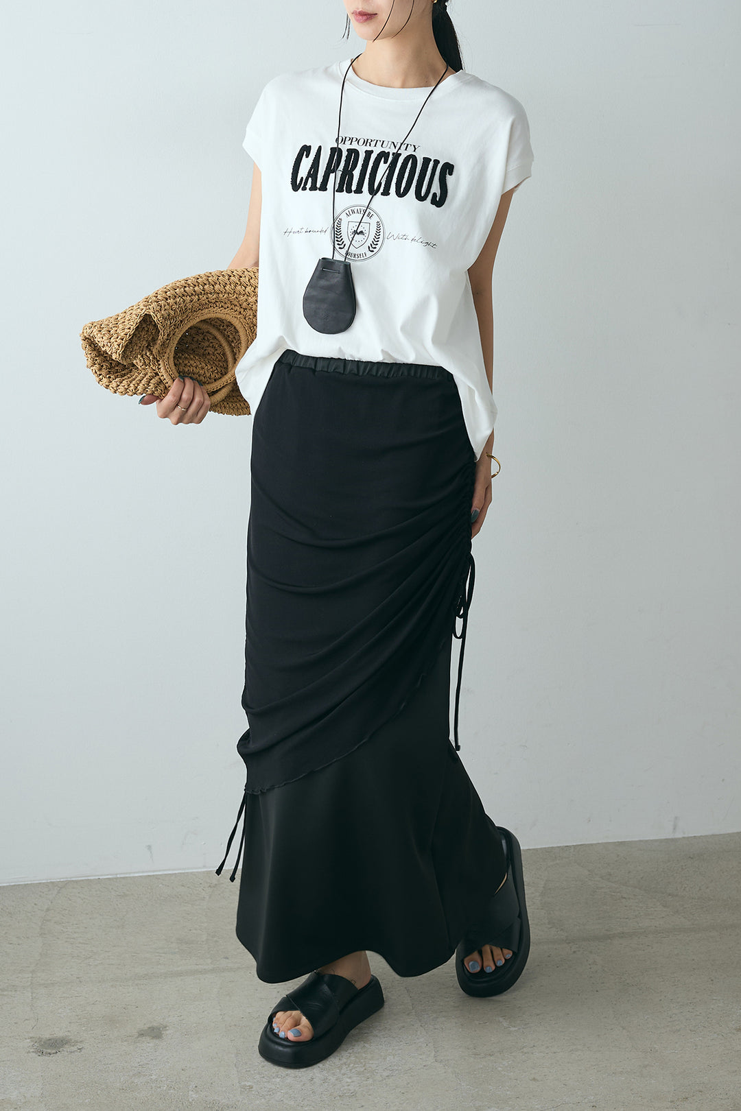 [SET]サガラ刺繍フレンチスリーブTシャツ+シアーレイヤードタイトスカート(2set)