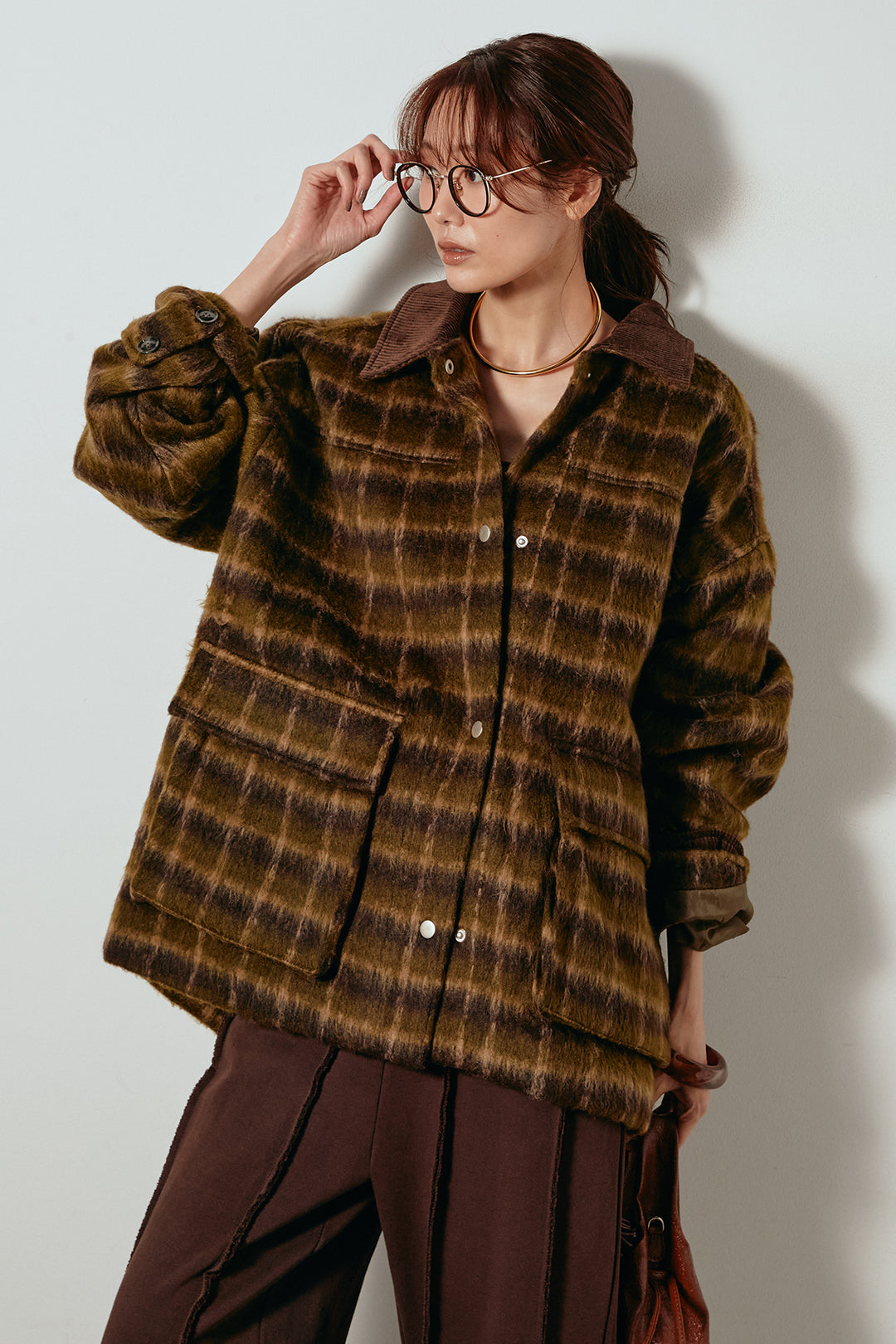 [SET]チェックシャギーミドルカバーオール+フロントラインデザインワイドスウェットパンツ(2set)