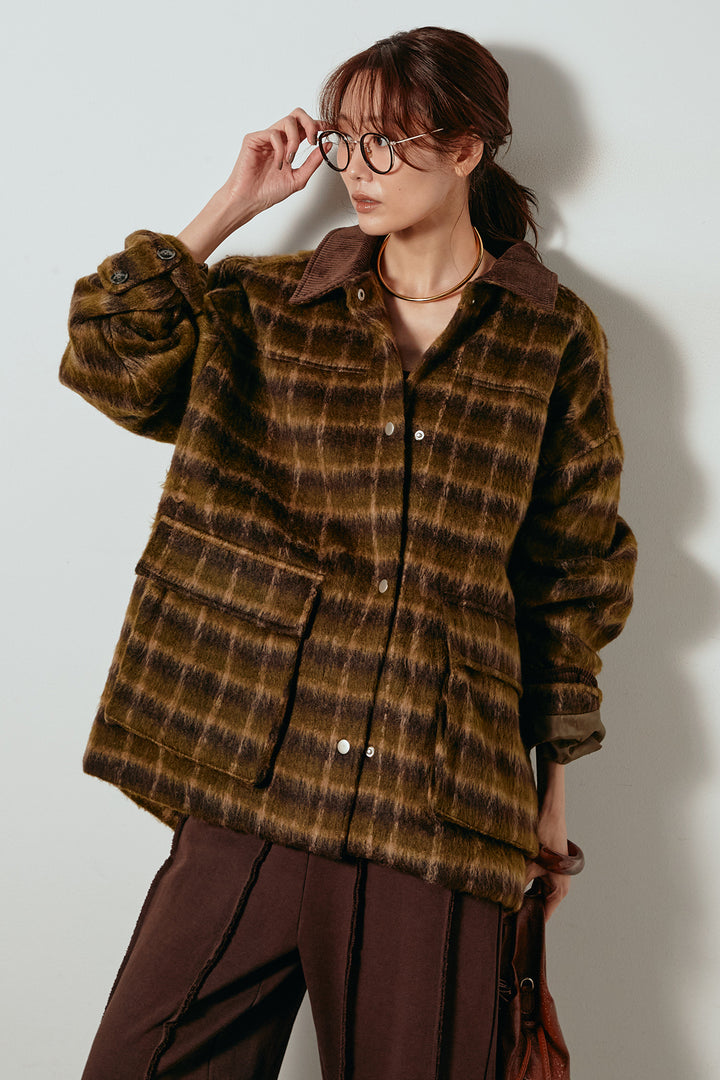 [SET]チェックシャギーミドルカバーオール+フロントラインデザインワイドスウェットパンツ(2set)