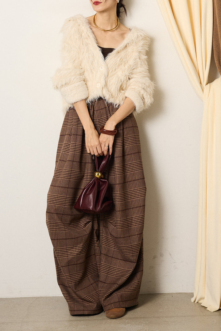 [SET]襟付きシャギーニットカーディガン+グレンチェックルーズタックパンツ(2set)